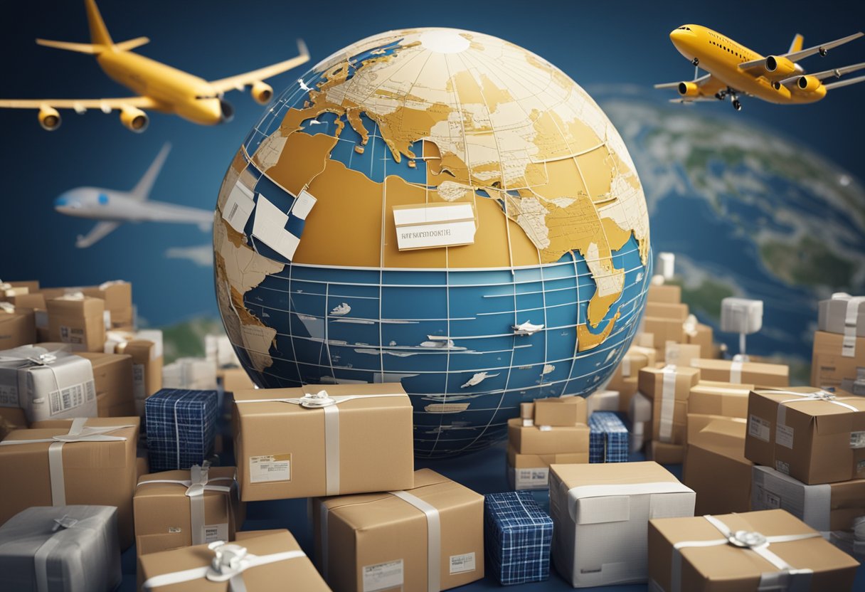 A globe surrounded by packages of various sizes, with air and sea transportation symbols in the background