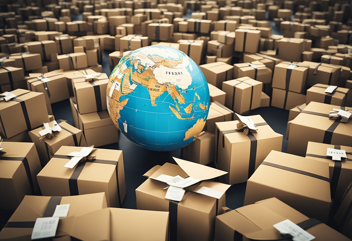 A globe surrounded by packages of various sizes, each labeled with different international destinations