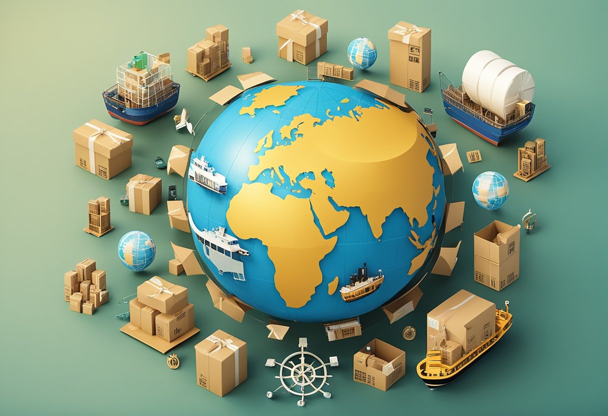 A globe surrounded by various international shipping symbols and packages of different shapes and sizes