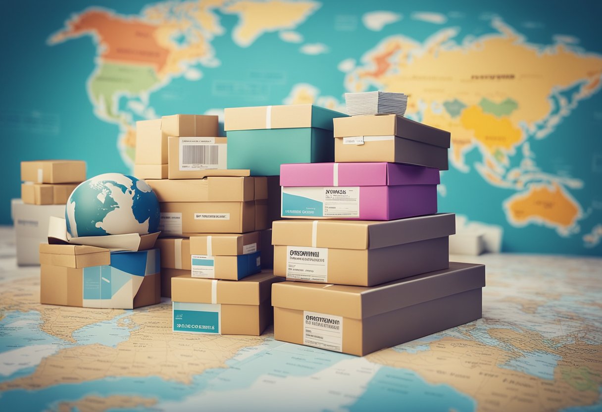 A stack of colorful packages labeled "PostFromUS" surrounded by world maps and shipping materials