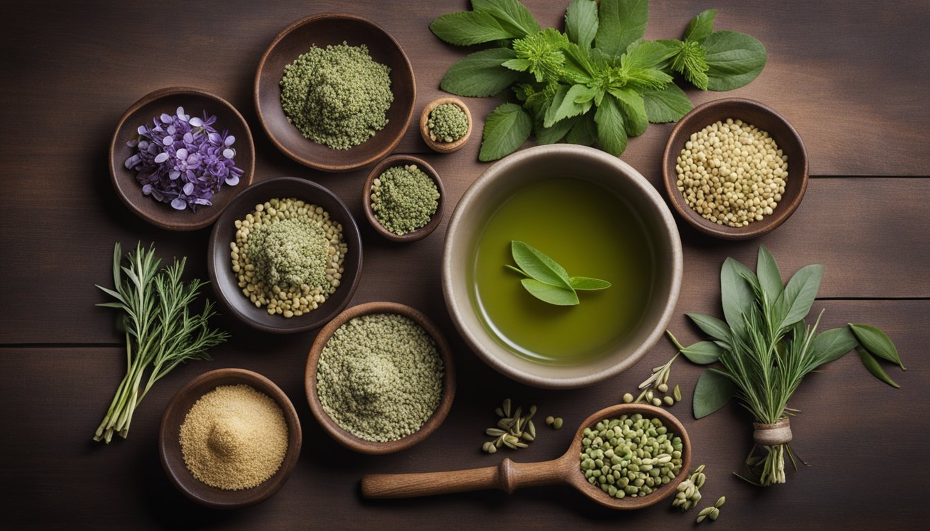 Various herbal preparations neatly arranged with a mortar and pestle in the background