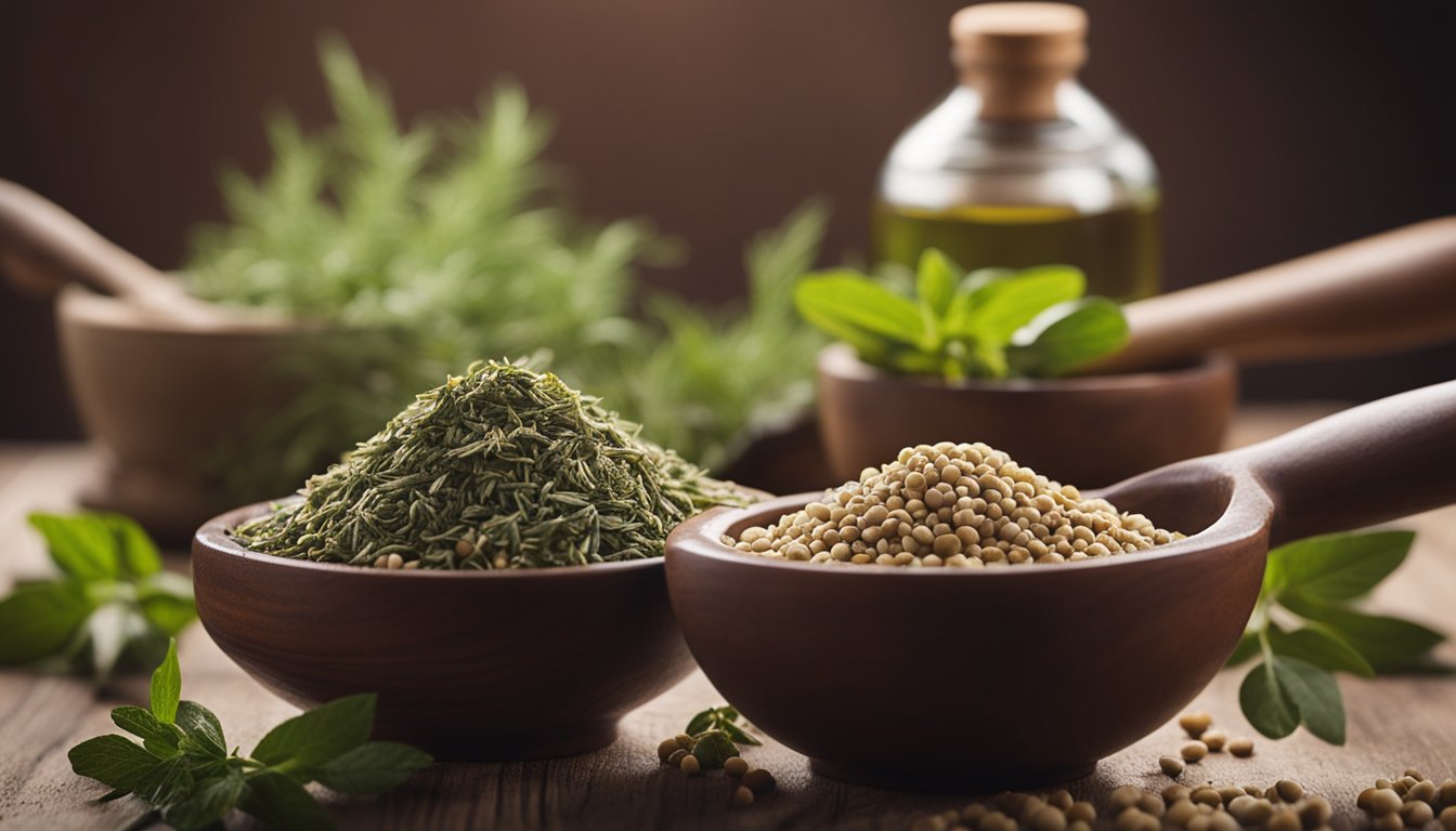 Various herbal preparations neatly arranged with a mortar and pestle in the background