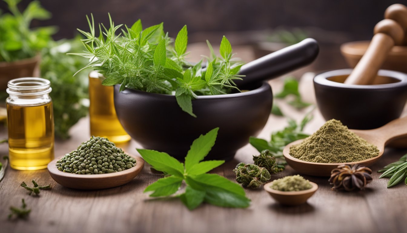 Various herbal preparations neatly arranged with a mortar and pestle in the background