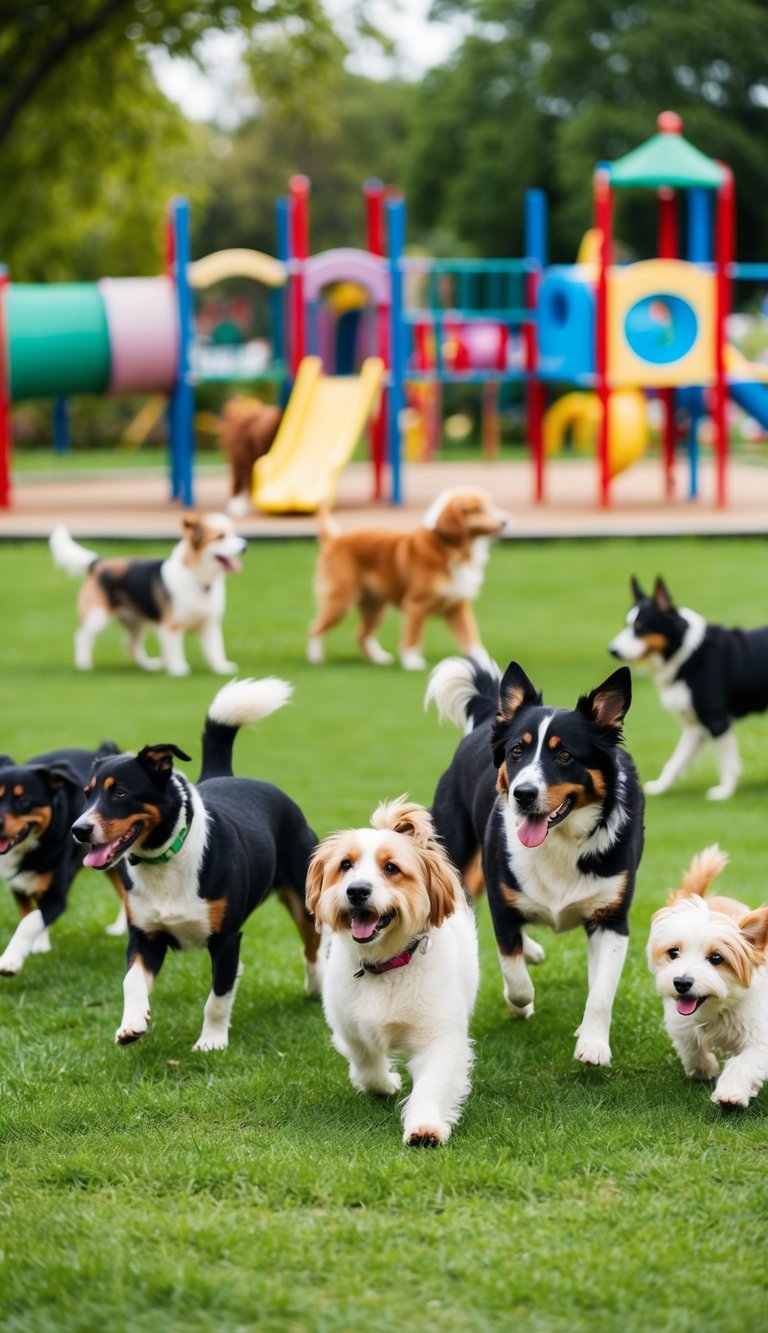Dogs of all shapes and sizes play and socialize in a lively dog park