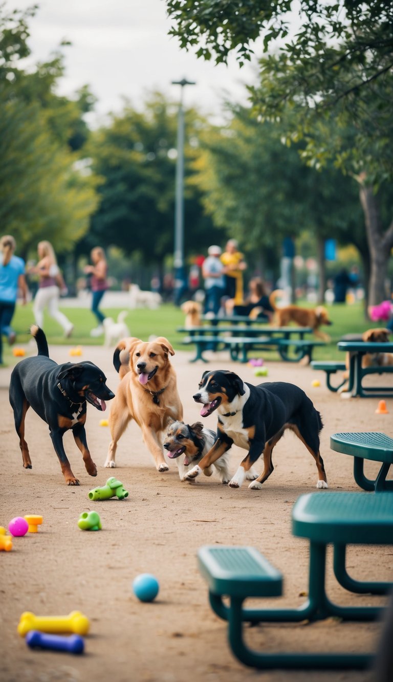 Dogs of various breeds playing and socializing in a bustling dog park, with a mix of trees, benches, and a colorful assortment of toys scattered around