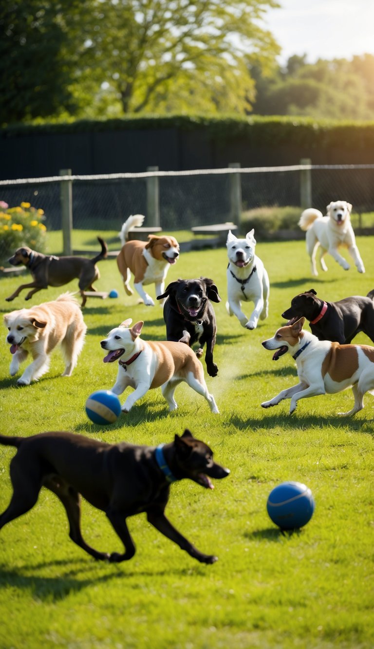 Dogs of all shapes and sizes romp and play in a grassy, fenced-in area. Some chase balls, others wrestle, and a few lounge in the sun