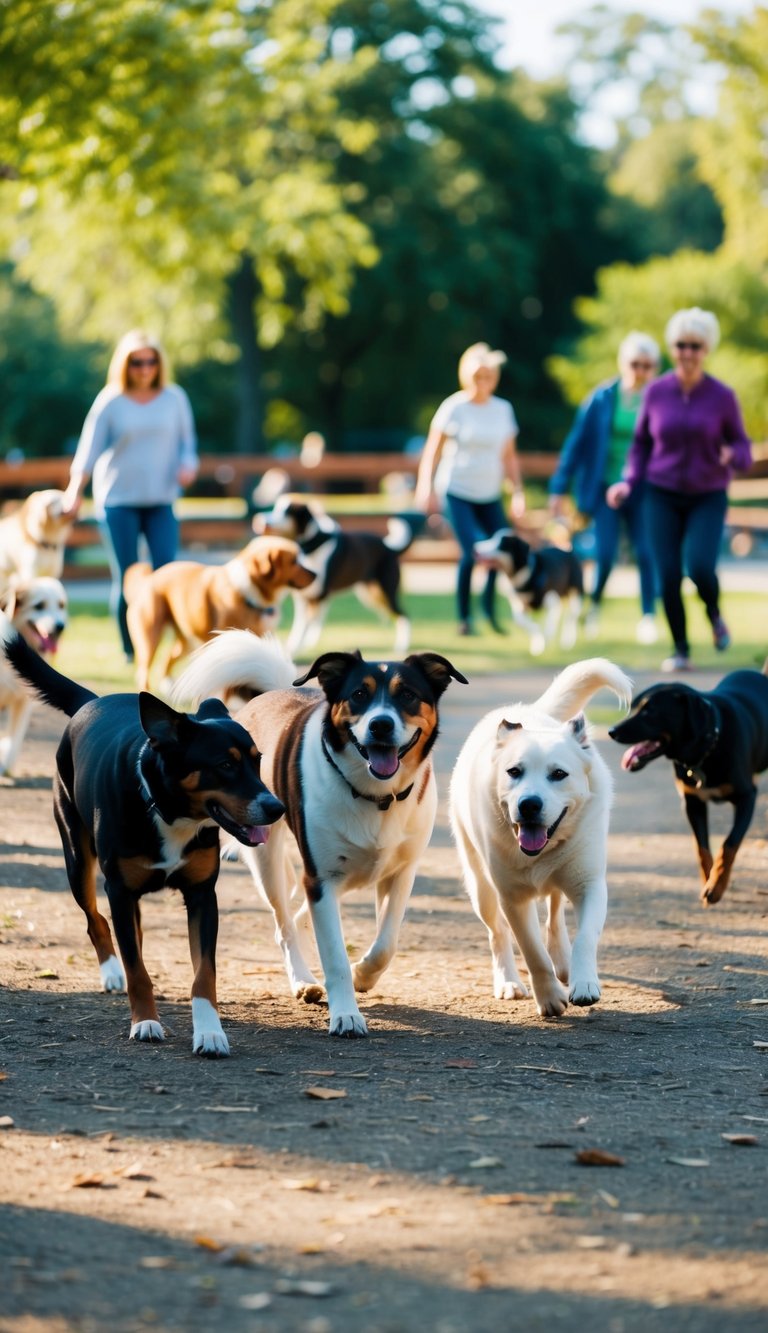 Dogs of all shapes and sizes frolic and play in the bustling dog park, forming bonds and engaging in playful rivalries