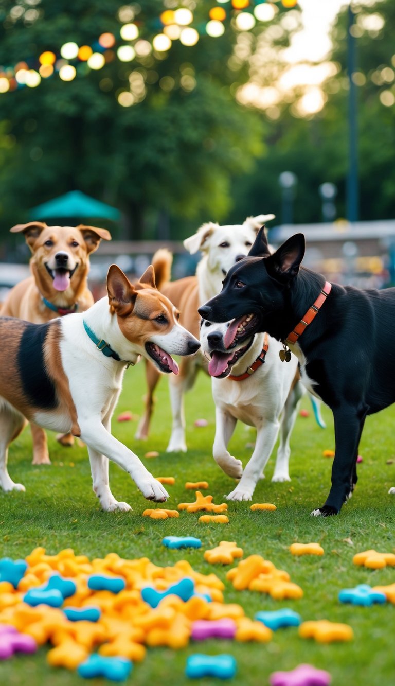 Dogs of all shapes and sizes playfully interact in a vibrant dog park.
