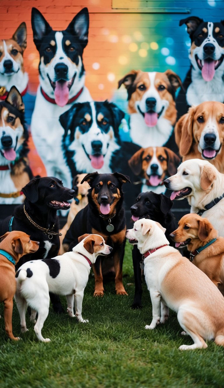 A pack of dogs of various breeds and sizes gather around a colorful mural depicting famous dogs from history and pop culture