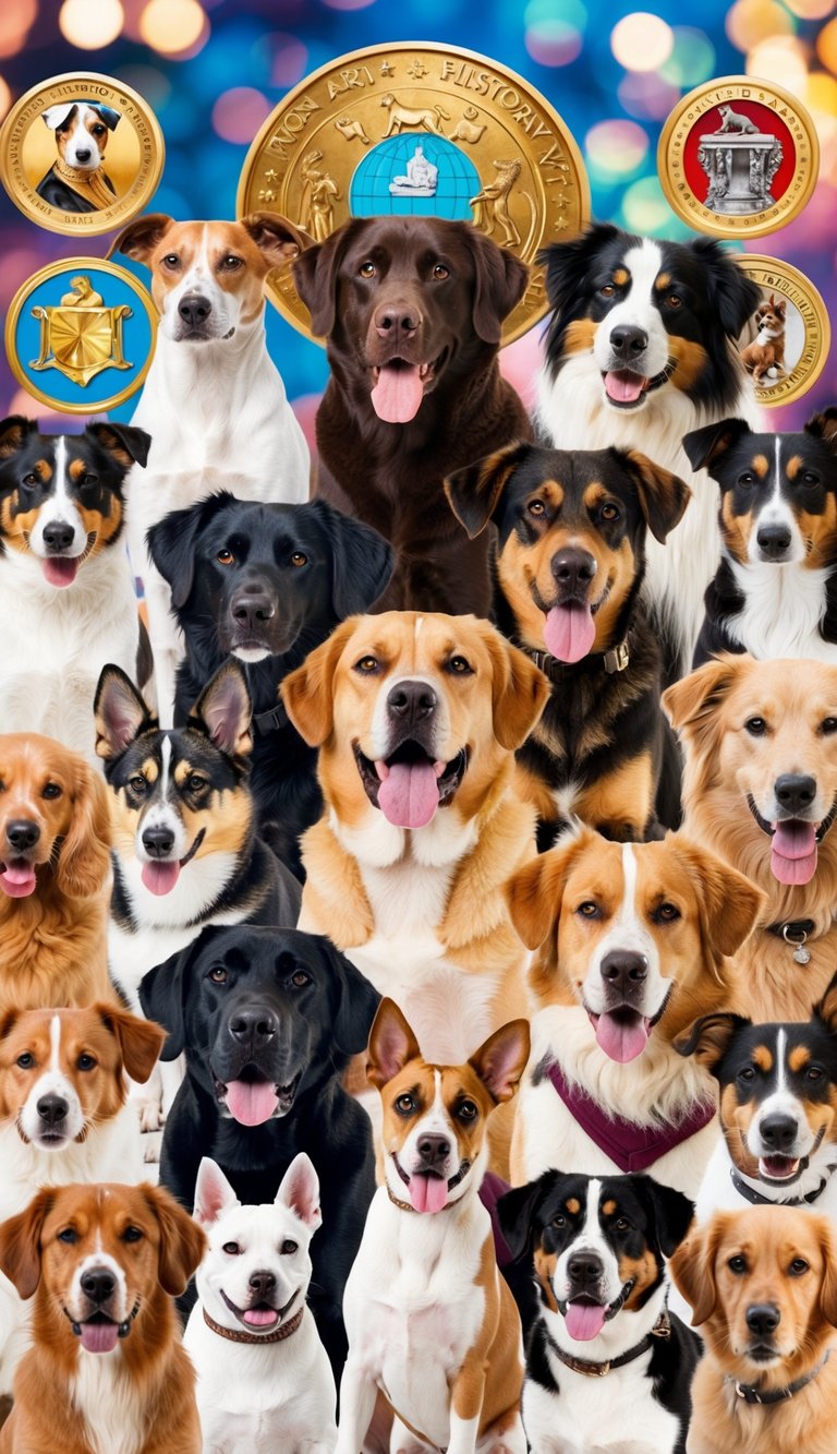 A colorful collage of famous dog breeds throughout history, surrounded by iconic symbols of art, history, and pop culture