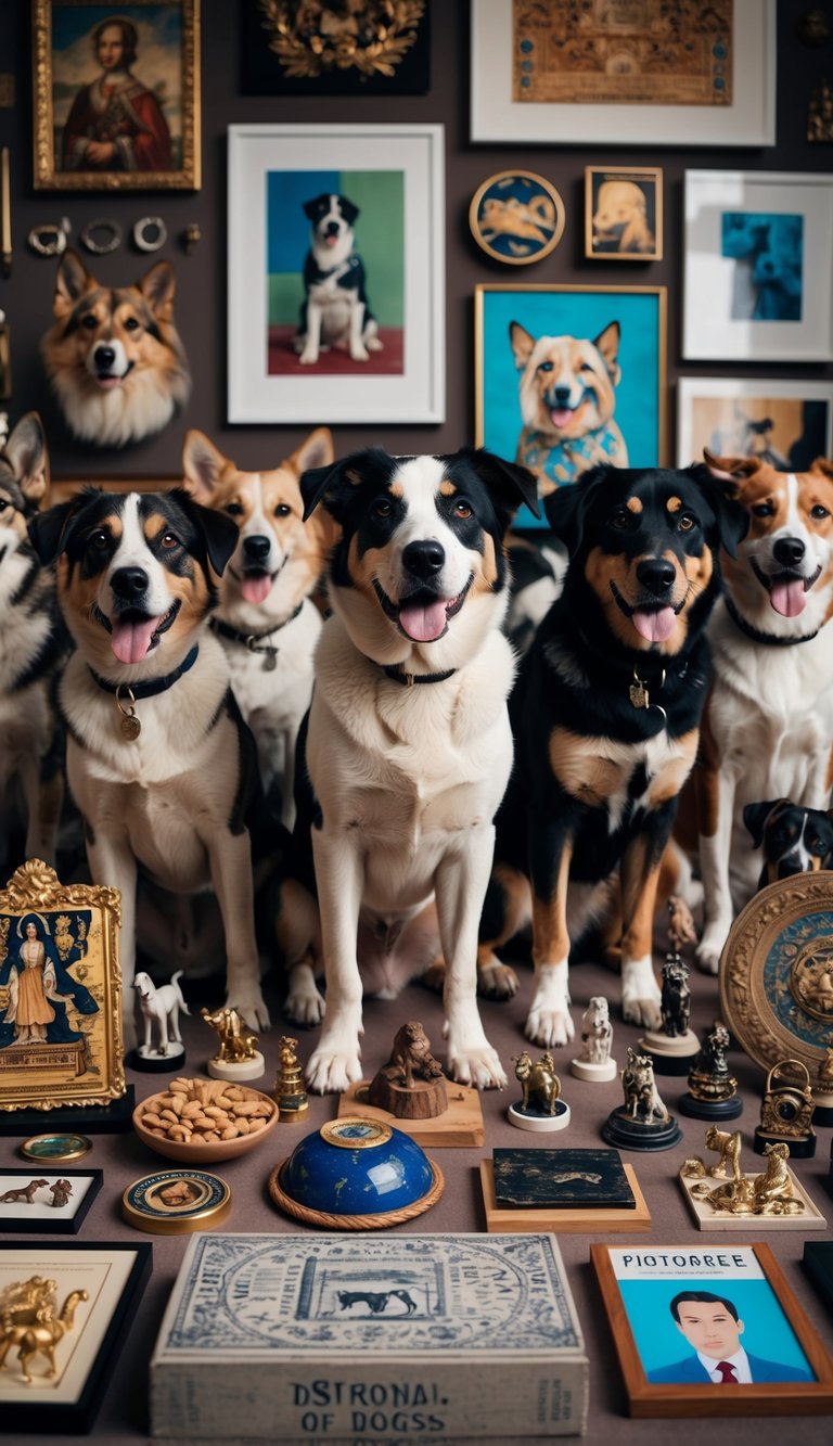 A pack of dogs surrounded by various art pieces, historical artifacts, and pop culture references, showcasing the influence of dogs in human society