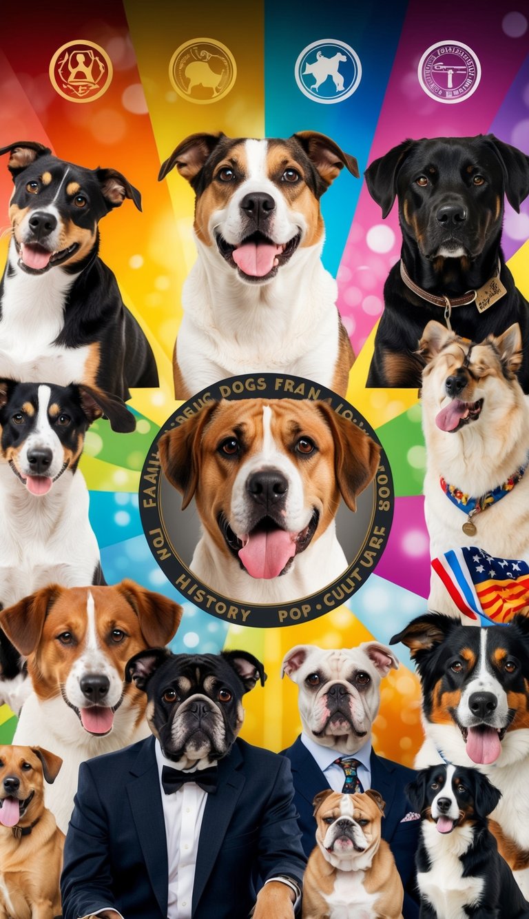 A colorful collage of famous dogs from history and pop culture, surrounded by iconic symbols and artwork