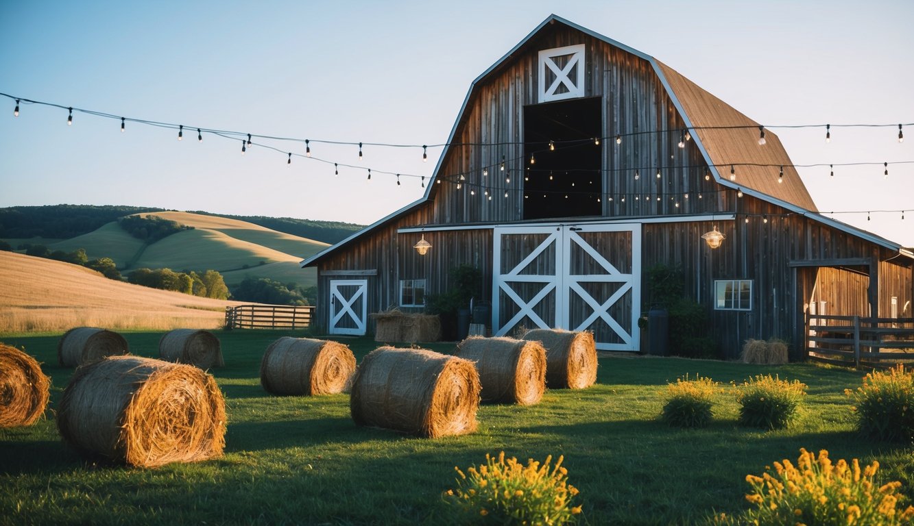 A rustic barn adorned with string lights, hay bales, and wildflowers, set against a backdrop of rolling hills and a clear blue sky