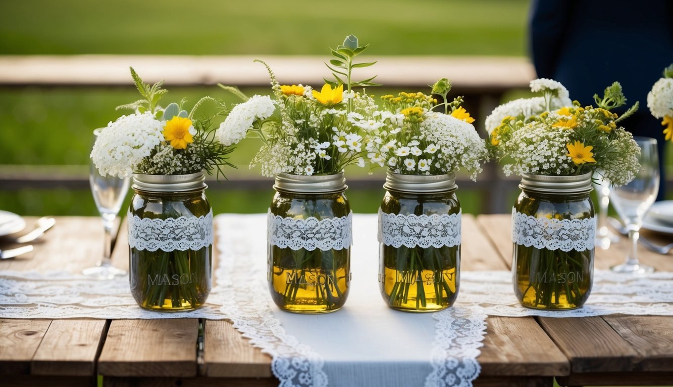 Mason jar centerpieces with wildflowers and lace adorn rustic wooden tables at a country wedding