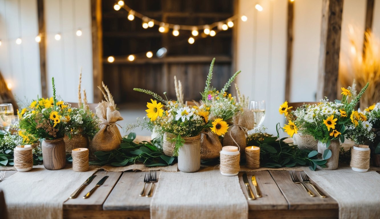 A wooden table adorned with wildflowers, twine, and burlap, surrounded by rustic decor and soft lighting