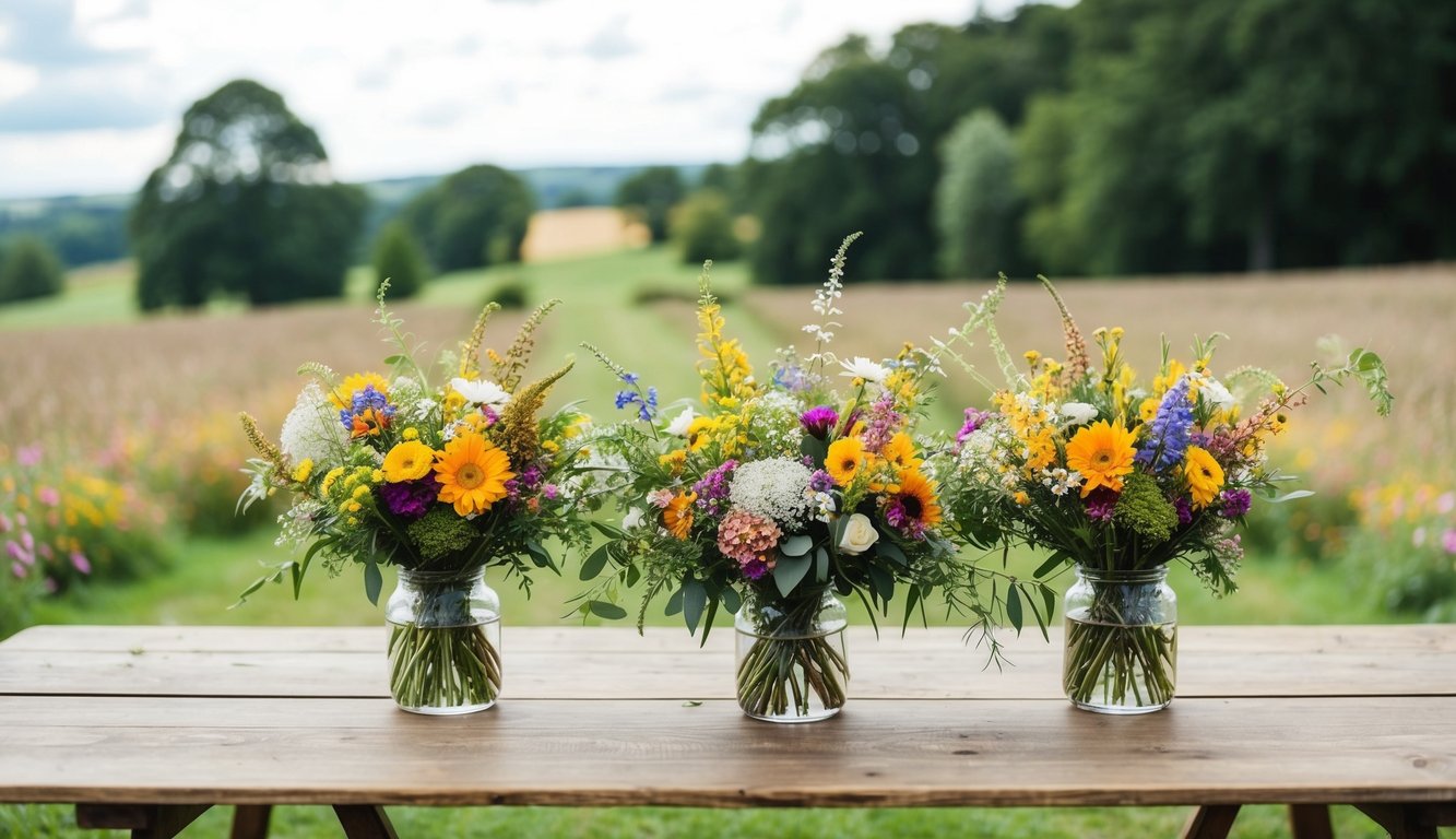 A rustic wooden table adorned with colorful wildflower bouquets, set against a backdrop of a countryside wedding celebration