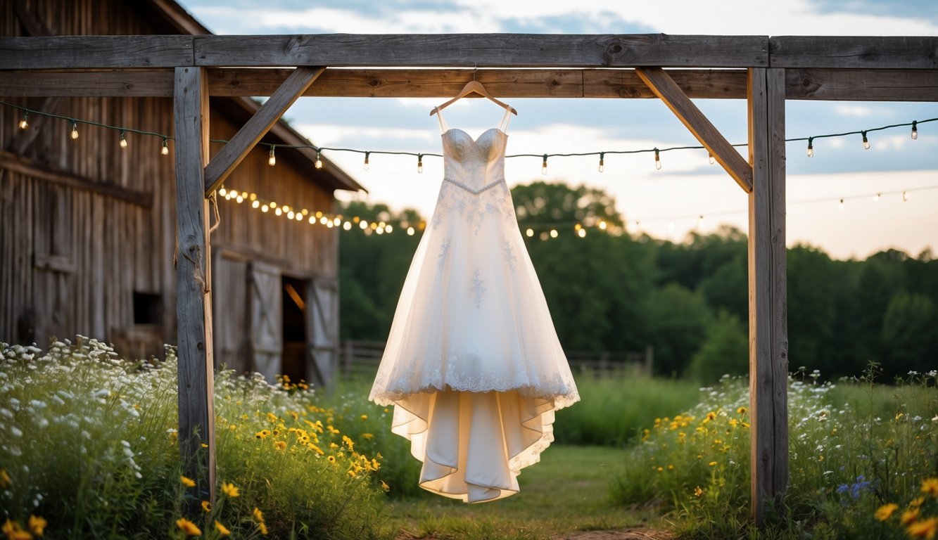 A rustic barn setting with a vintage bridal gown hanging from a weathered wooden beam, surrounded by wildflowers and twinkling string lights