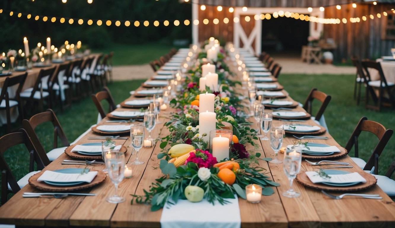 A rustic outdoor wedding reception with long wooden tables adorned with fresh produce, flowers, and candles. A barn in the background with string lights and a cozy, intimate atmosphere