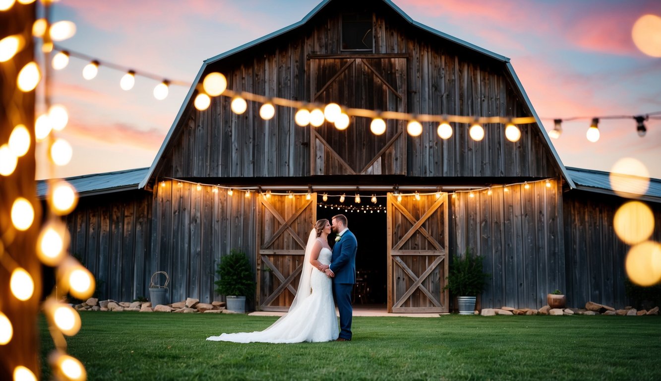 A rustic barn adorned with string lights for a country wedding