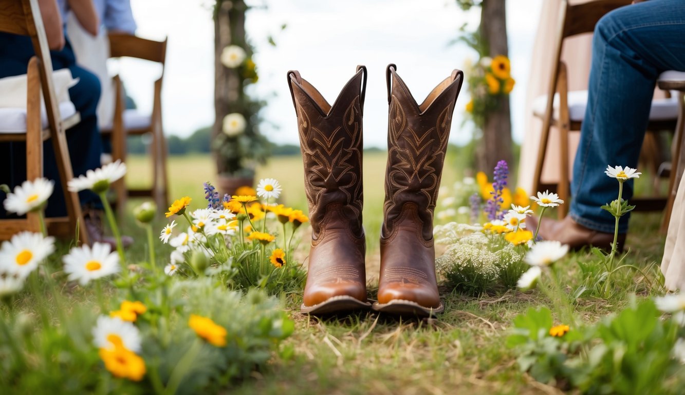 A pair of cowboy boots surrounded by wildflowers and rustic decor at a country wedding