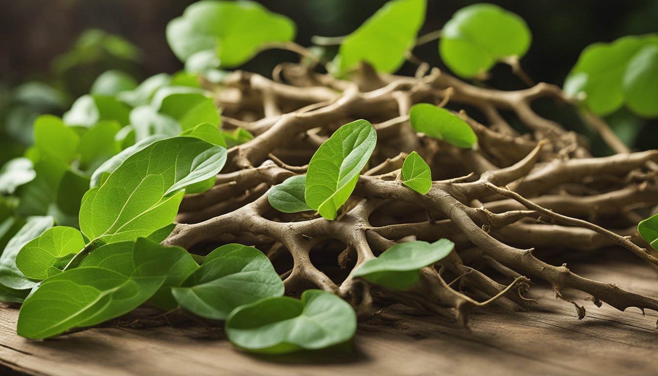 Fresh kudzu roots on rustic table, tan skin and oblong shape, with green leaves in background