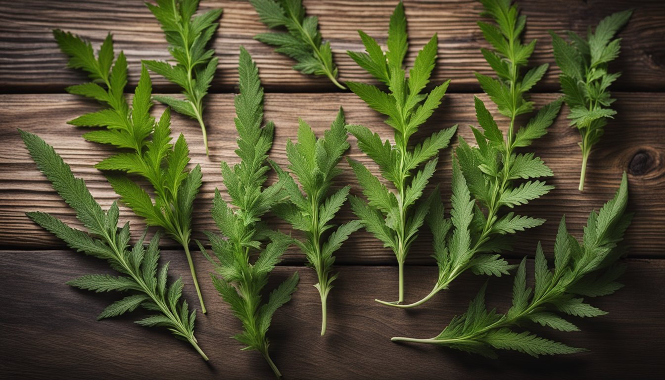 Fresh mugwort leaves spread on a wooden table, their green color and feathery texture highlighted