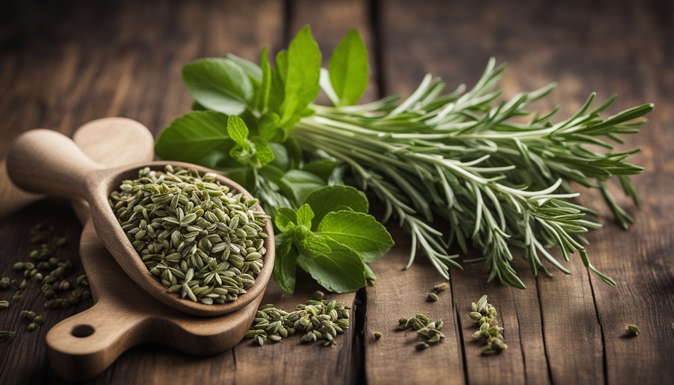 Five herbs on rustic table with labels