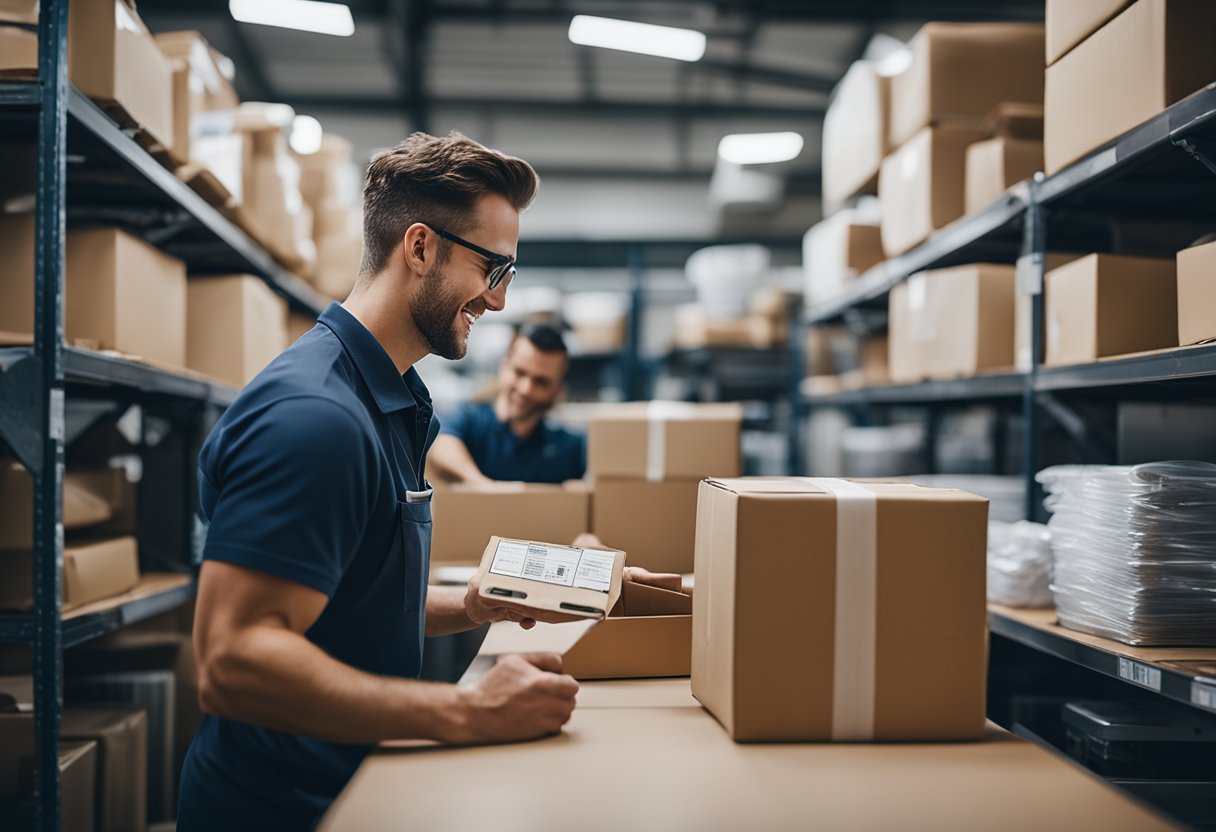 A small business owner happily using PostFromUS to streamline operations, with packages being efficiently processed and shipped out for delivery