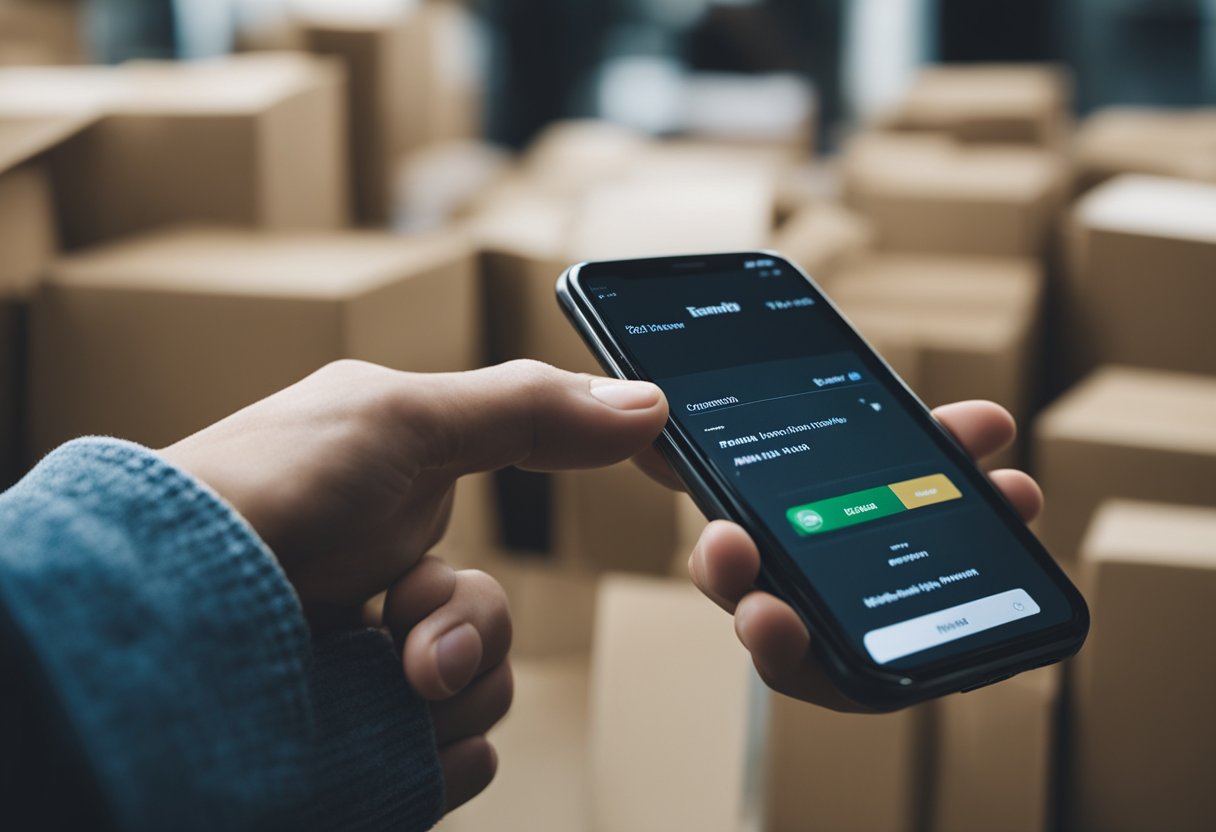 A person's hand using a smartphone to track a shipment on the PostFromUS website