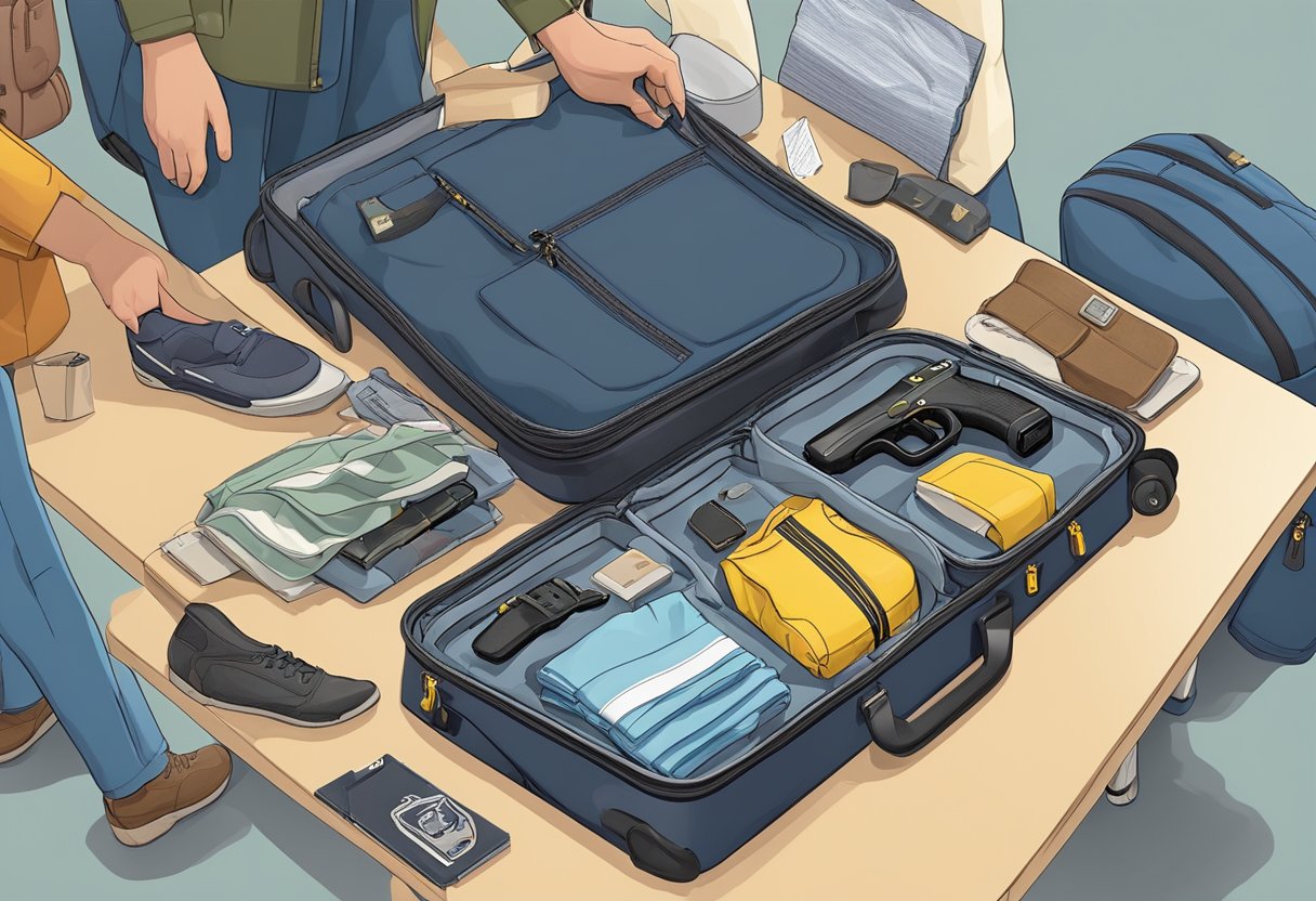 A suitcase with a taser inside, surrounded by clothing and other personal items, being checked by airport security