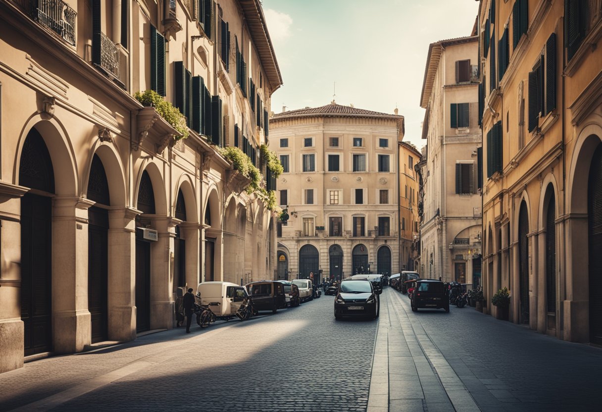 A bustling Italian city street with a mix of modern and historic architecture, featuring banks and financial institutions