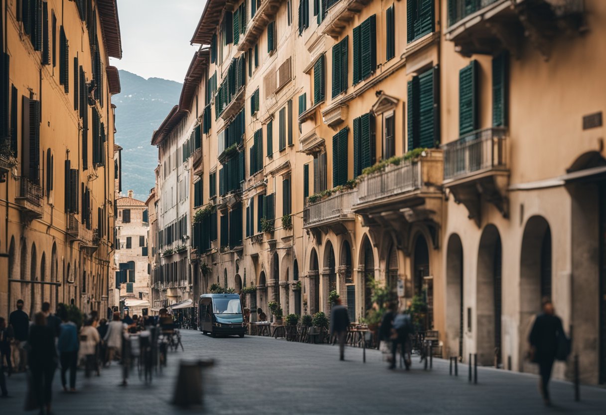 A bustling Italian city street with traditional architecture and a modern business district in the background