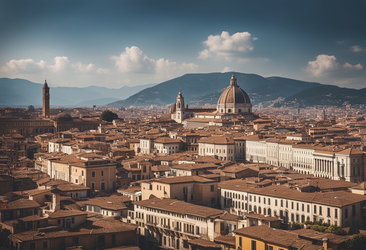A bustling Italian cityscape with iconic landmarks and modern office buildings, showcasing the integration of Finom's business banking services into the local economy