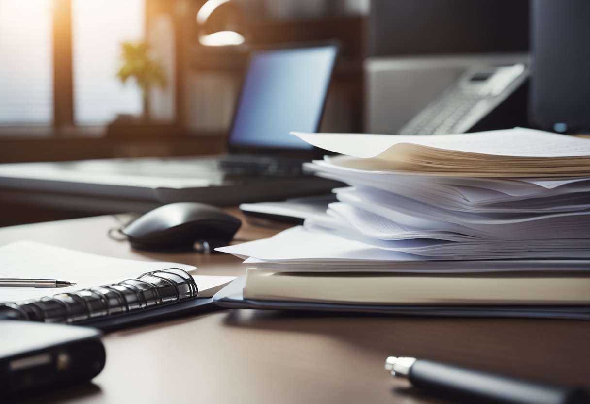 A modern office desk with a laptop, pen, and paper. A stack of business documents and a globe in the background