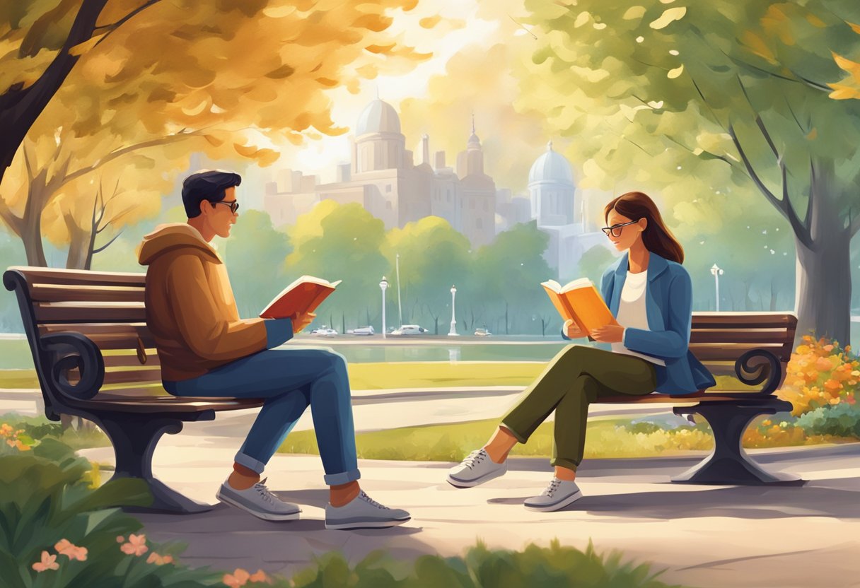 Um casal sentado em bancos de parque separados, lendo livros e desfrutando da atmosfera pacífica.