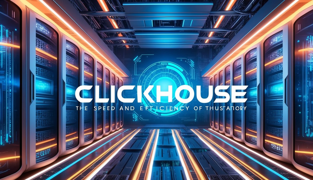 A vibrant, futuristic data center with sleek servers and glowing screens, showcasing the speed and efficiency of ClickHouse