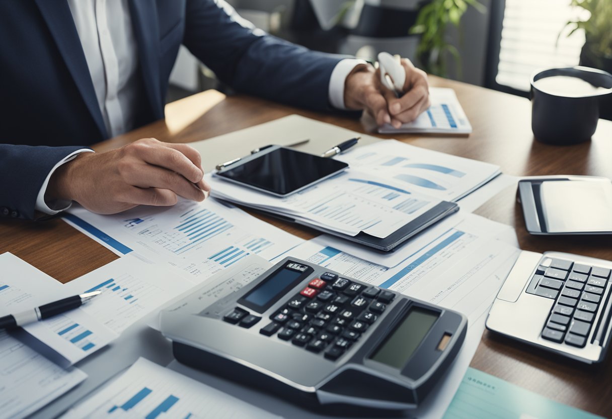 A small business owner sits at a desk with a laptop, calculator, and financial documents spread out. They are carefully reviewing and managing their finances with the help of the Finom platform