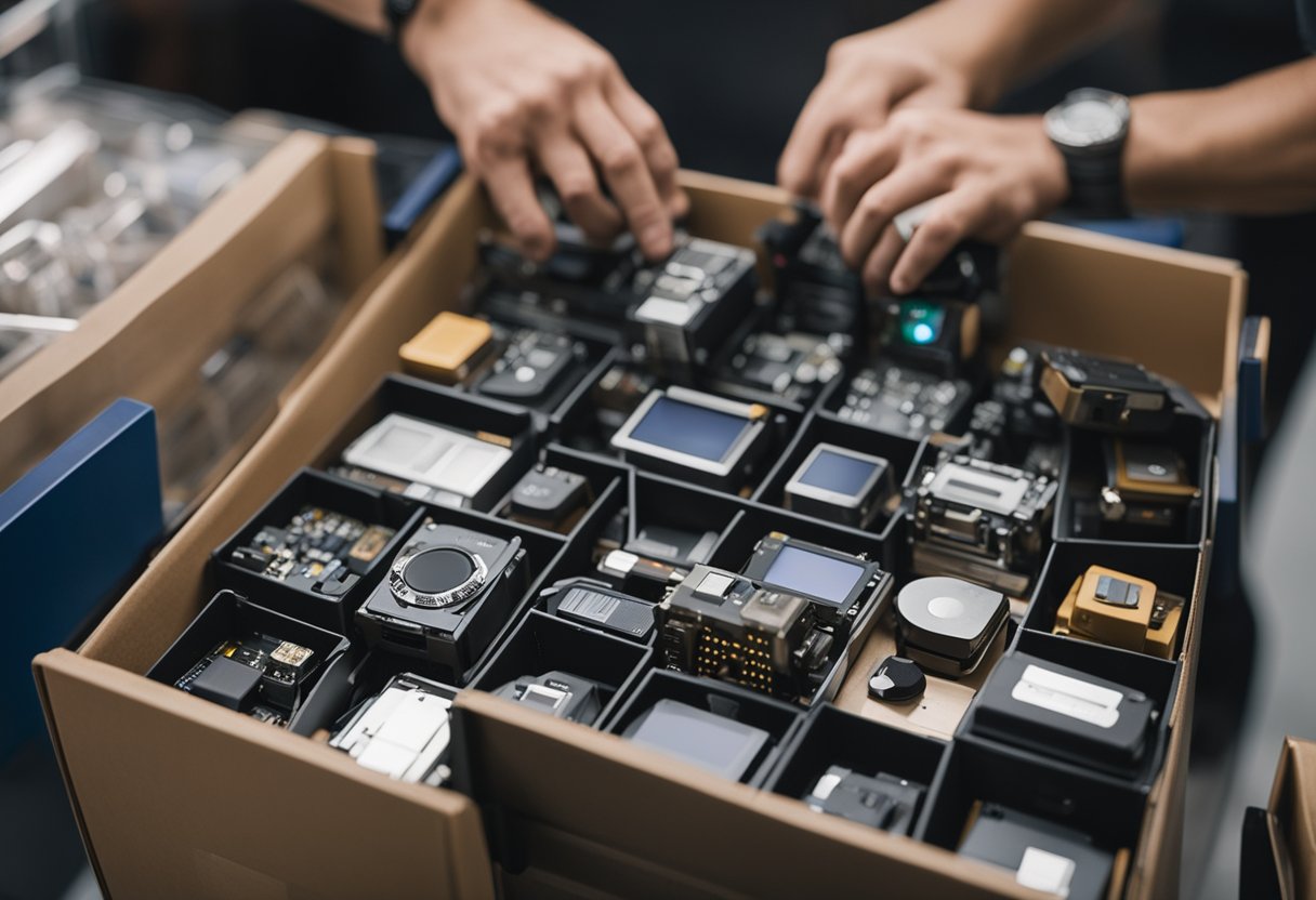 A person placing old electronics into a box labeled "Gizmogo" at a trade-in station, with a representative inspecting the items