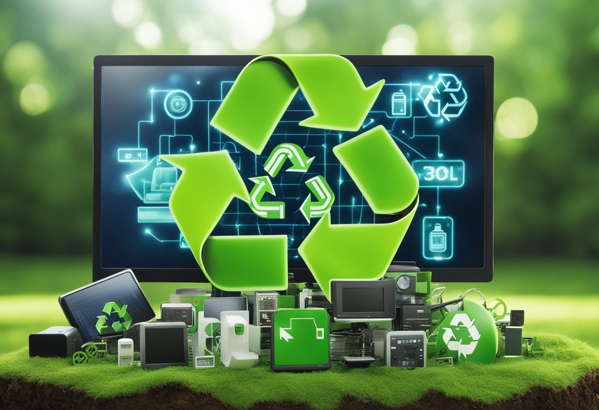 A pile of electronic devices surrounded by green eco-friendly symbols and arrows pointing towards a recycling symbol