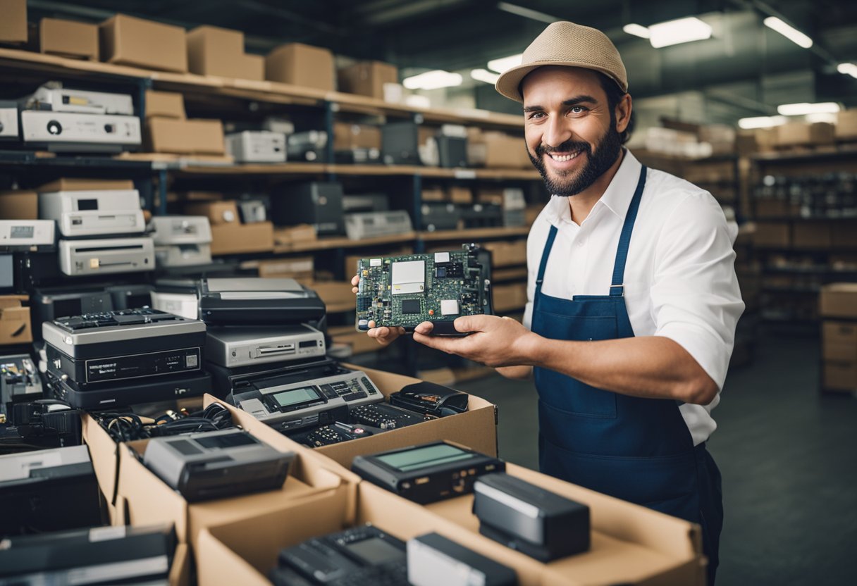 A small business owner happily handing over old electronics to Gizmogo for disposal
