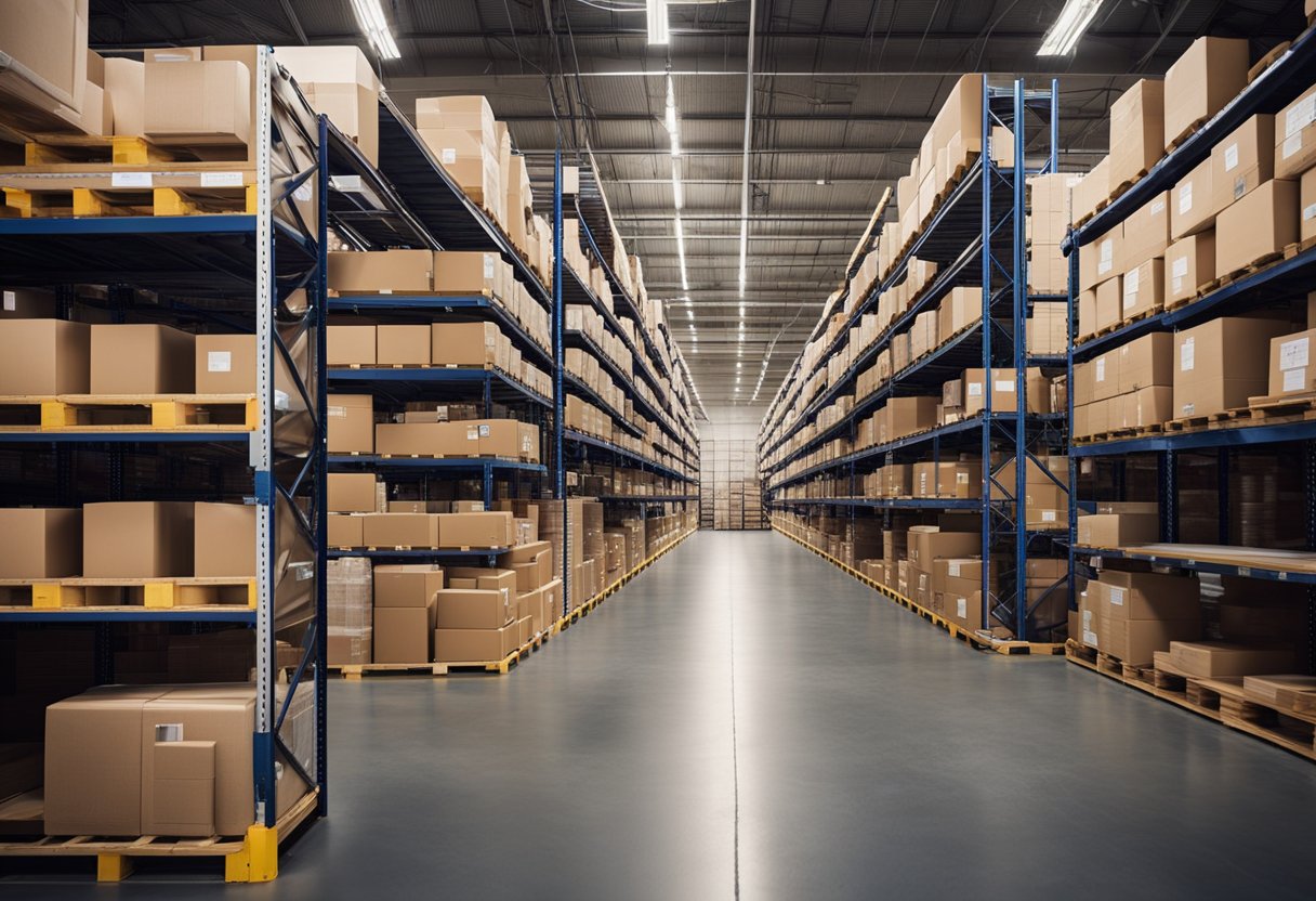 A warehouse with well-organized shelves and a computer screen showing real-time inventory levels, with some products being restocked while others are being packaged for shipment