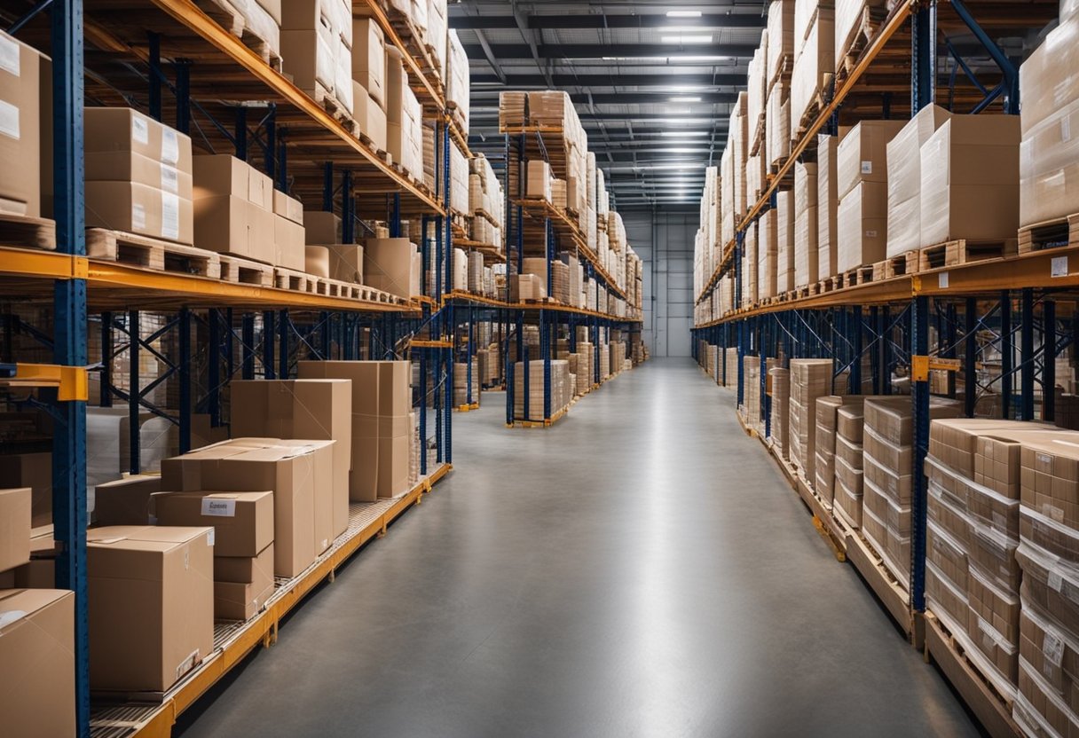 A warehouse with neatly organized shelves, some fully stocked and others with empty spaces, demonstrating the balance achieved by Inventory Planner
