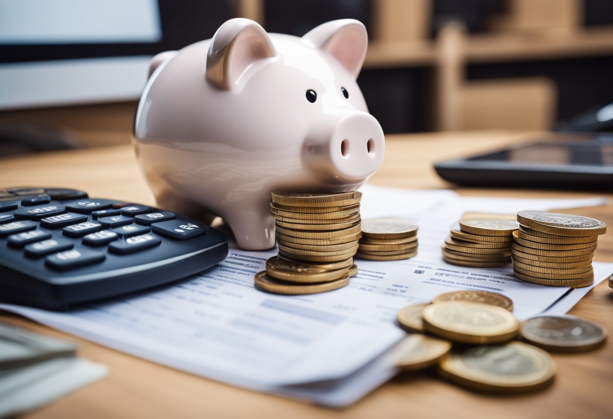 A piggy bank overflowing with coins and bills, surrounded by budgeting spreadsheets and financial charts, symbolizing savings and expense management with VIALET