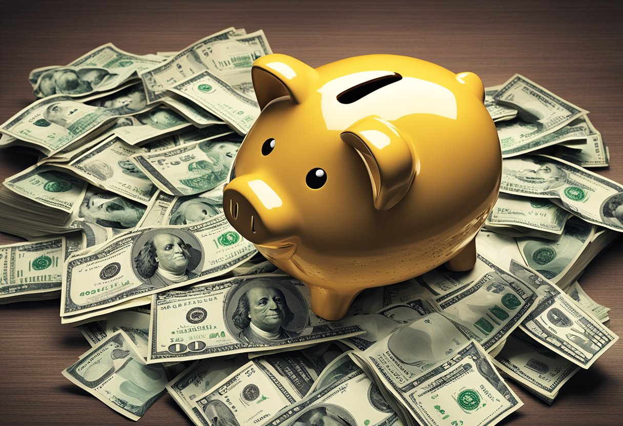 A piggy bank overflowing with coins and dollar bills, surrounded by scattered receipts and a budget planner