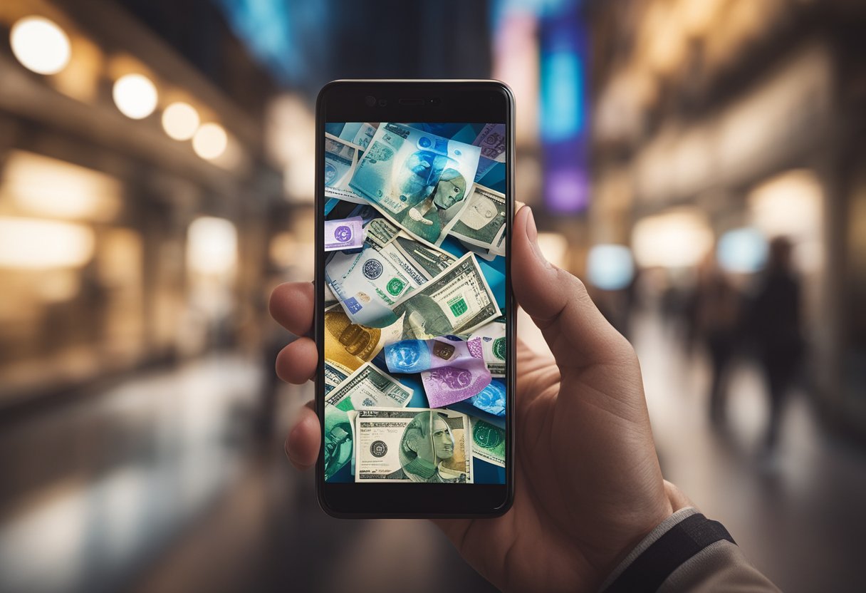 A hand holding a smartphone with the VIALET app open, with various international currency symbols floating around it