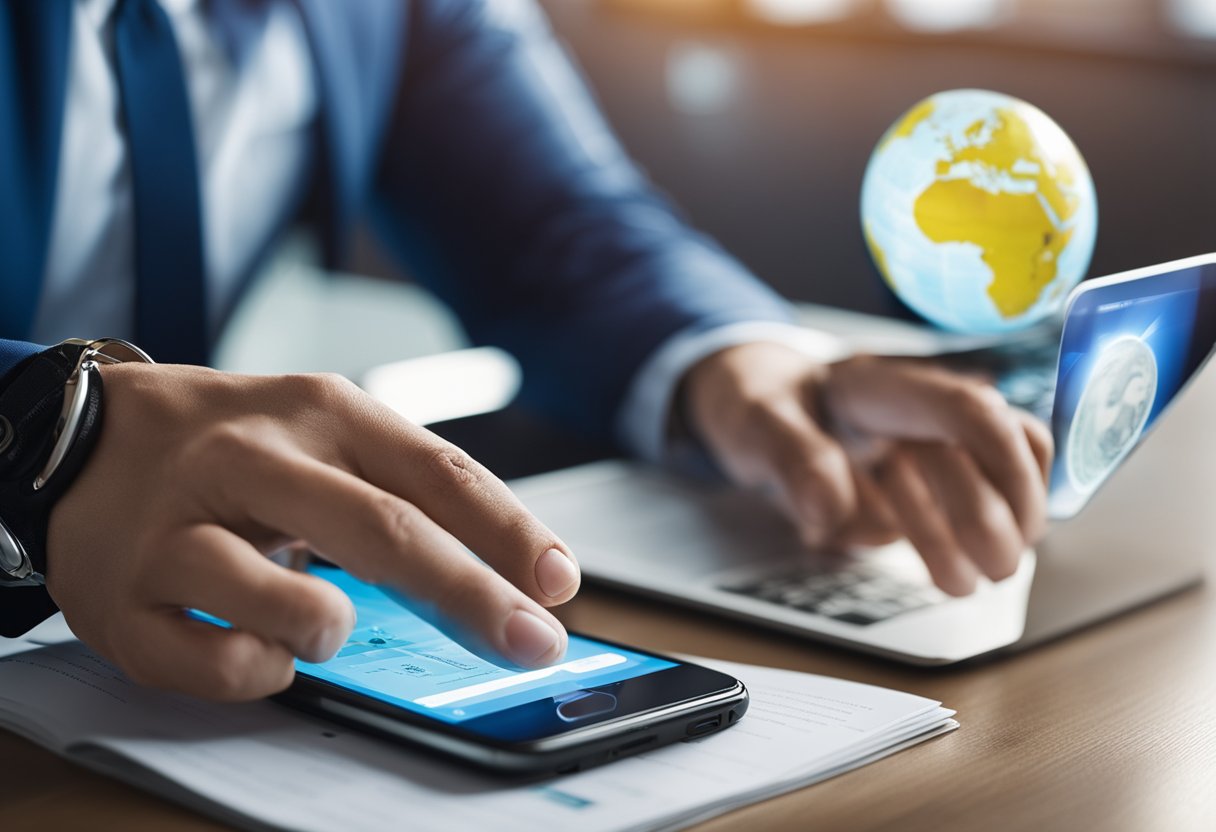 A person using VIALET app to make international transactions, with a globe and currency symbols in the background