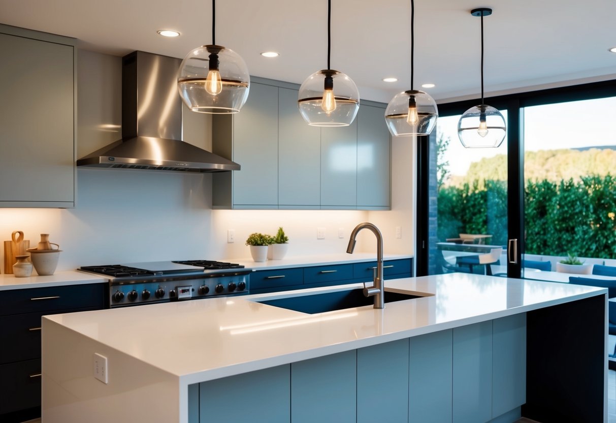 A modern kitchen island with sleek countertops and pendant lighting