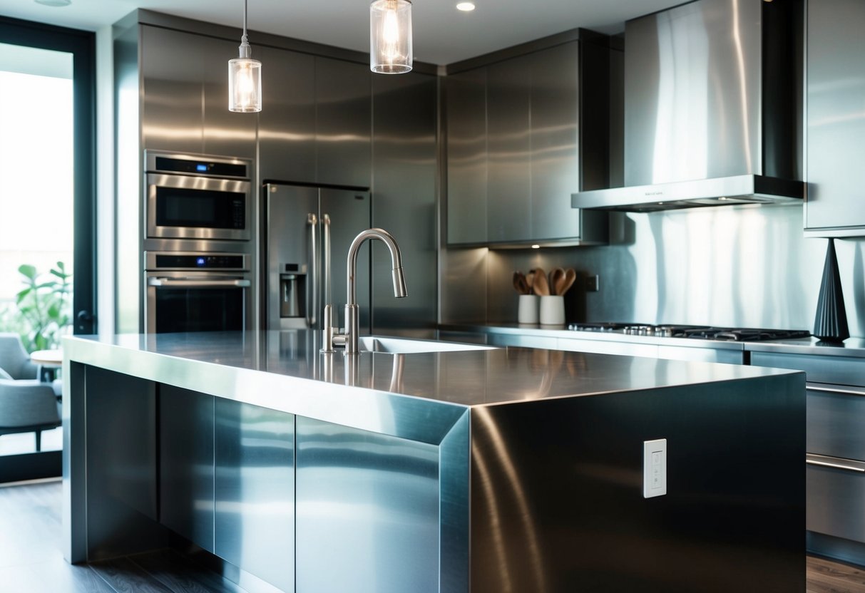 A sleek stainless steel kitchen island with modern appliances and minimalist decor