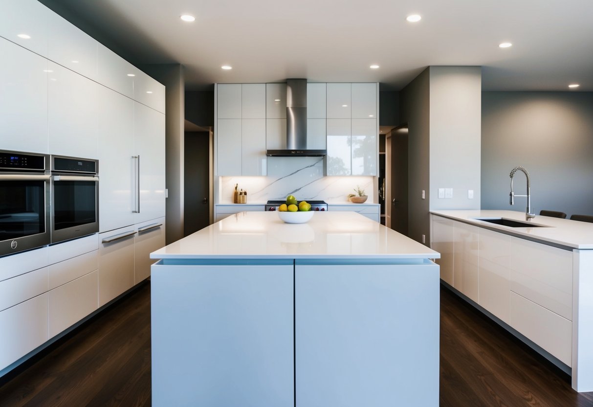 A sleek white kitchen island with minimalist design, surrounded by modern appliances and clean lines