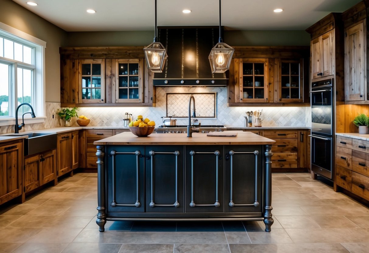 A vintage-inspired kitchen island with metal accents sits in the center of a spacious, well-lit kitchen, surrounded by rustic wooden cabinets and modern appliances